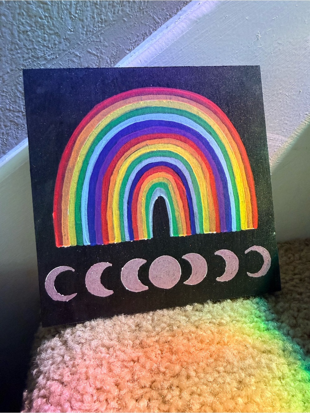 Hand-Painted Rainbow & Moon Phases Wall Art - Black Background